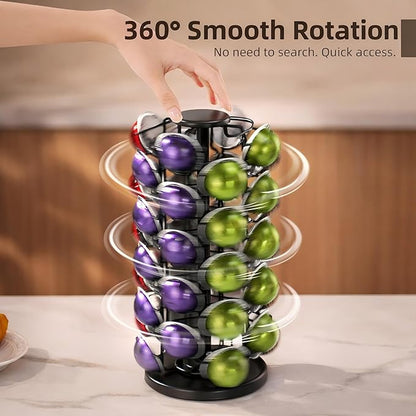 BLACKSMITH FAMILY Coffee Pods Holder Organizer, 360 Degrees Revolving Pod Carousel Compatible for 40 Nespresso Vertuo Pods No Assembly Required Nespresso Pods Holder Tower Stand,Black (Piano Black, 40 pods capability)