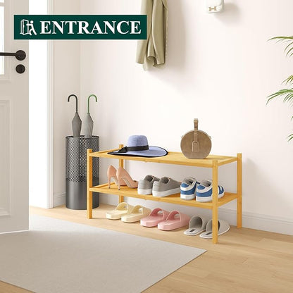 Smiry Bamboo Shoe Rack, 2 Tier Shoe Organizer for Entryway & Closet, Stackable Free Standing Storage Shelf for Shoes, Bags & Plants, Natural
