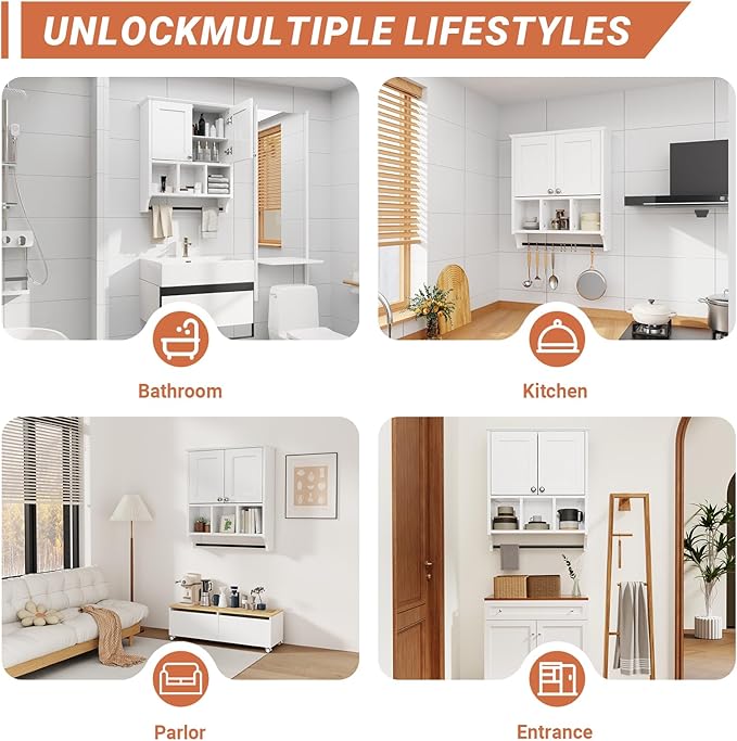 Over-The-Toilet Bathroom Storage Cabinet with Towel Bar, Space-Saving Wall Mounted Medicine Cabinet , 2 Doors & 1 Adjustable Shelf, Easy Install White Finish for Bathroom, Kitchen, Living Room