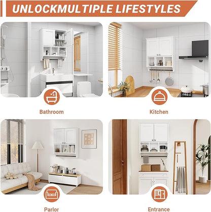 Over-The-Toilet Bathroom Storage Cabinet with Towel Bar, Space-Saving Wall Mounted Medicine Cabinet , 2 Doors & 1 Adjustable Shelf, Easy Install White Finish for Bathroom, Kitchen, Living Room