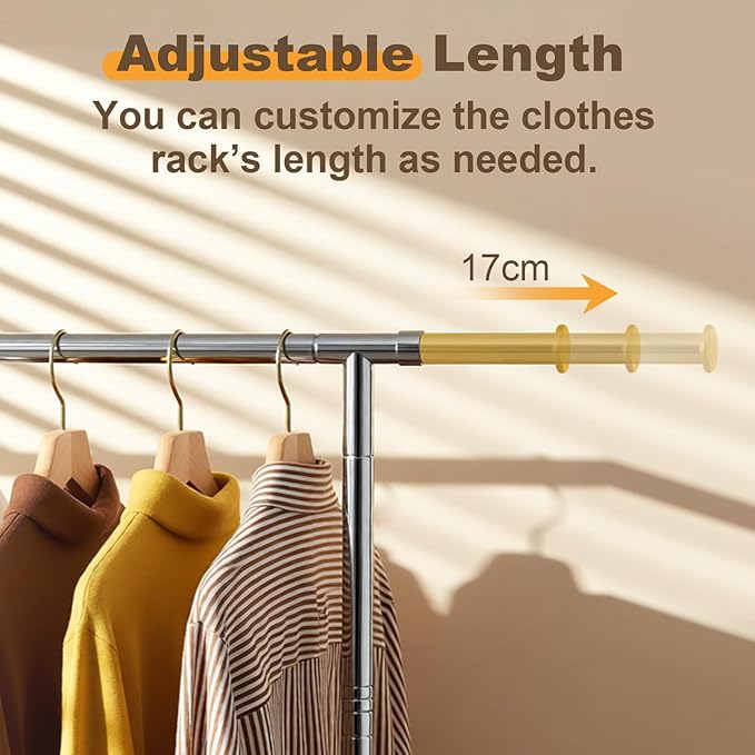 TigerParty Clothes Rack for Hanging Clothes, Sturdy Stainless Steel Clothing Rack, Extendable & Adjustable Rolling Garment Rack with Wheels for Bedroom Laundry Living Room