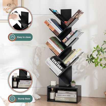 Yoobure Tree Bookshelf, 6 Tier Small Book Shelf Retro Floor Standing Bookcase, Wood Book Storage Organizer Rack, Tall Narrow Bookshelves for Corner/Bedroom/Living Room/Home Office, Black