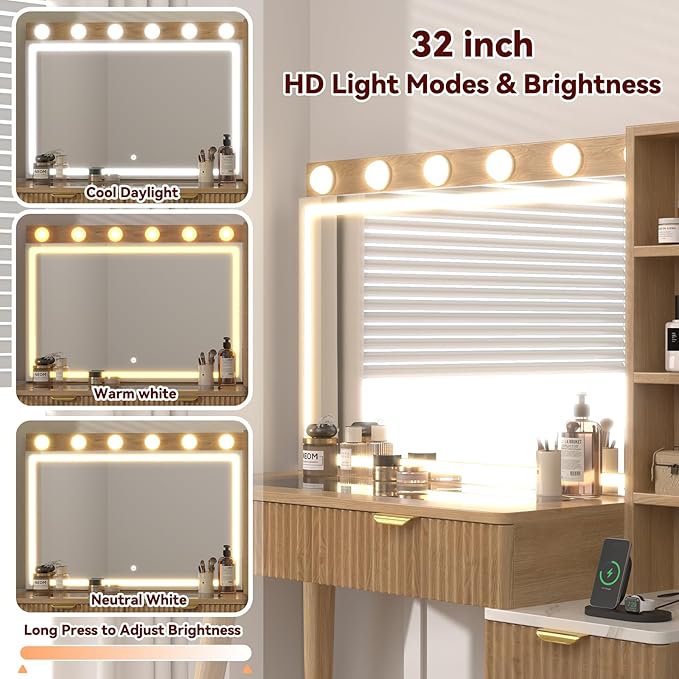 43" Fluted Makeup Vanity Desk with 32" Mirror and Lights, Modern Glass Top Large Vanity Table with 5 Drawers and 3 Storage Shelves, Dressing Table Set with Charging Station for Bedroom-Gray