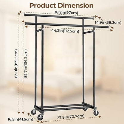 Double Rods Clothes Rack, Rolling Clothing Rack for Hanging Clothes Portable Wardrobe Rack, Metal Garment Rack Sturdy Coat Rack for Bedroom Laundry Living Room, Black