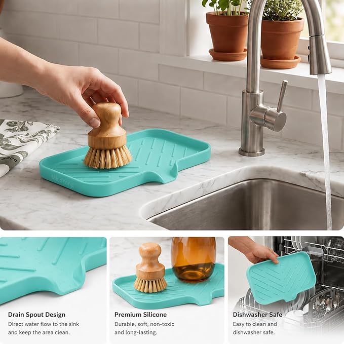 MicoYang Silicone Soap Dish with Drain Spout — Self-Draining Sink Organizer Tray for Bathroom & Kitchen, Sponges, Dispensers & Soap Holder, Non-Slip & Dishwasher Safe, Mint (Medium, 9.6"×5.3")