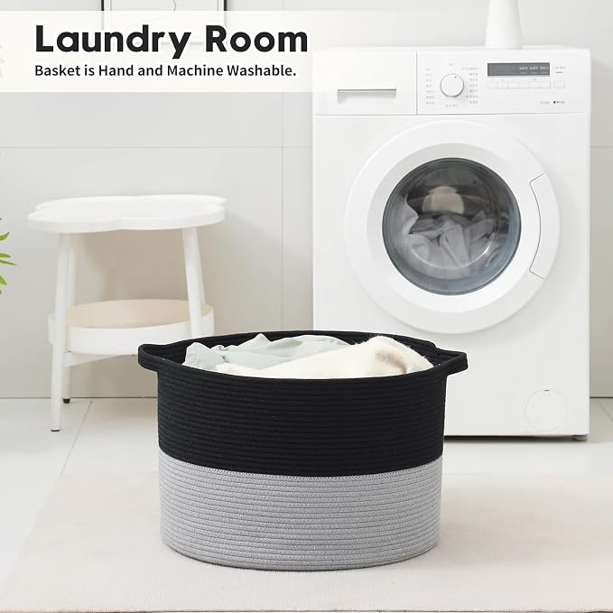 Foldable Laundry Hamper Basket with Collapsible Handle Cotton Rope Soft Woven Fabric Storage Organizer Clothes Toys Nursery Bedroom Dorm Space Saving Bin (Black & Grey, 65L(19.7"D x 12.6"H))