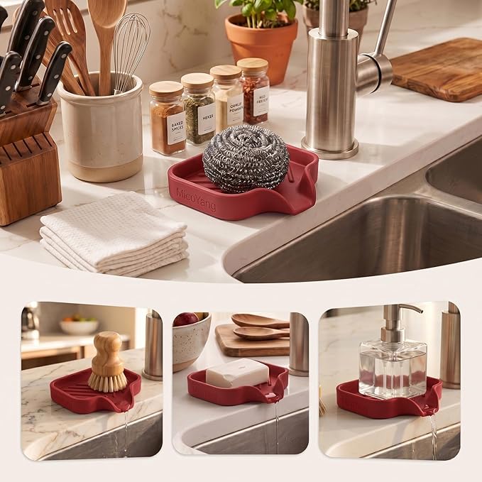 MicoYang Silicone Soap Dish with Drain Spout, Self-Draining Sink Organizer Tray for Bathroom and Kitchen, Sponges, Dispensers and Soap Holder, Non-Slip and Dishwasher Safe, Red (Compact, 4.9"×3.2")
