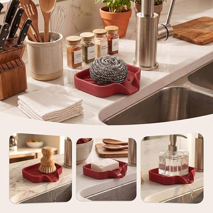 MicoYang Silicone Soap Dish with Drain Spout, Self-Draining Sink Organizer Tray for Bathroom and Kitchen, Sponges, Dispensers and Soap Holder, Non-Slip and Dishwasher Safe, Red (Compact, 4.9"×3.2")