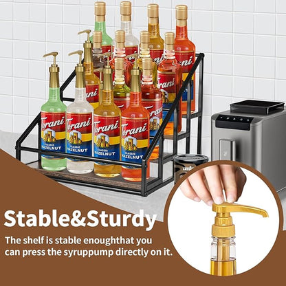YQBRAO Coffee Syrup Rack Organizer,Liquor Bottle Display Shelf,Water cup display stand,Spice Rack Kitchen Cabinet Organizer,Rustic Brown,2 Packs 4 Tier 16 Bottle Coffee Syrup Holder