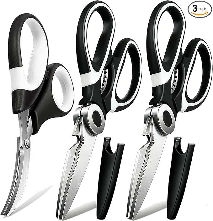 OMDAR 3 Pack Kitchen Scissors All Purpose 3 Pack - Heavy Duty Stainless Steel Cooking Shears for Cutting Meat, Food, Fish, Poultry Sharp Sissors for Dishwasher Safe - with Protective Sheath