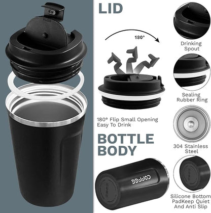 YINBAOGE Insulated Travel Coffee Mug, Spill & Leak Proof, Portable To Go Camping Stainless Steel Coffee Tumbler, Reusable Thermal Coffee Cup with Lid for Hot & Cold Drinks (2nd-Black, 12 OZ)