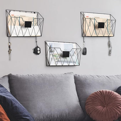 YBING Wall File Organizer for Office Hanging Wall File Holder and Basket Set of 3 Hanging File Rack with Hooks Metal Wall Storage for Office Living Room Black
