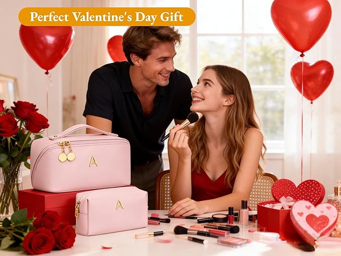 Valentine's Day Gifts for Women Teen Girl, Personalized Initial Makeup Organizer Bag Set, Open Flat Travel Cosmetic Bag With Clear Divider and Handle(Pink,J)