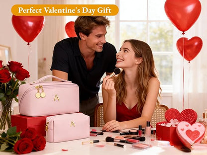 Valentine's Day Gifts for Women Teen Girl, Personalized Initial Makeup Organizer Bag Set, Open Flat Travel Cosmetic Bag With Clear Divider and Handle(Pink,L)