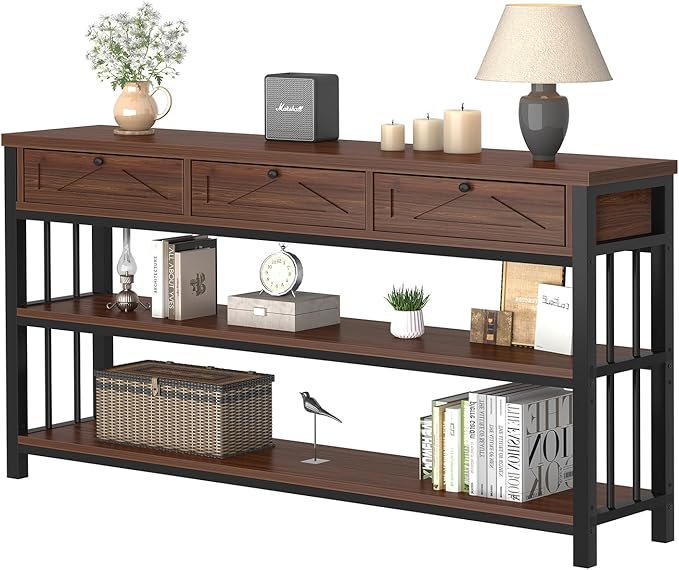 HSH 55” Sofa Table with Drawers, Entryway Table with Storage Shelf, 3 Tier Console Table with Storage Behind Couch for Living Room, Rustic Wood Metal Entry Hallway Table for Entrance, Walnut, 55 in