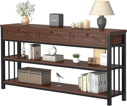 HSH 55” Sofa Table with Drawers, Entryway Table with Storage Shelf, 3 Tier Console Table with Storage Behind Couch for Living Room, Rustic Wood Metal Entry Hallway Table for Entrance, Walnut, 55 in