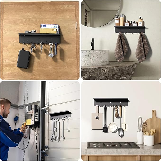 Key Holder Wall Mount, Magnetic Key Hooks and Mail Organizer Tray with 8 Hooks, Adhesive Key Rack Hanger for Entryway, Refrigerator, Black