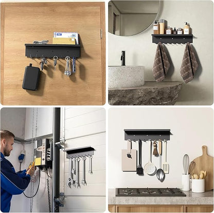 Key Holder Wall Mount, Magnetic Key Hooks and Mail Organizer Tray with 8 Hooks, Adhesive Key Rack Hanger for Entryway, Refrigerator, Black