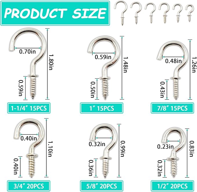 BDS-HOME 105pcs Ceiling Hooks, 6 Size Screw-in Cup Hooks Heavy Duty Hanging Hook for Plants Cups String Light Kitchenware Tools Clothes Room Wall and Outdoor Decors (White)