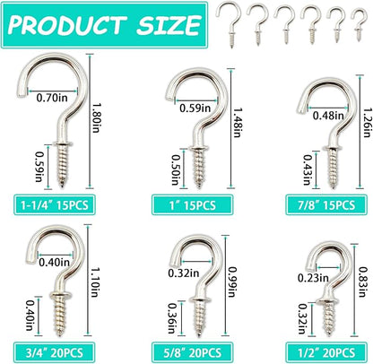 BDS-HOME 105pcs Ceiling Hooks, 6 Size Screw-in Cup Hooks Heavy Duty Hanging Hook for Plants Cups String Light Kitchenware Tools Clothes Room Wall and Outdoor Decors (White)