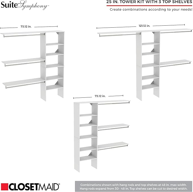 ClosetMaid SuiteSymphony Wood Closet Organizer Kit with Tower, 3 Hang Rods, Top Shelves, 4 Drawers, Doors, Adjustable, Fits Spaces 6 - 10 ft. Wide, Natural Grey