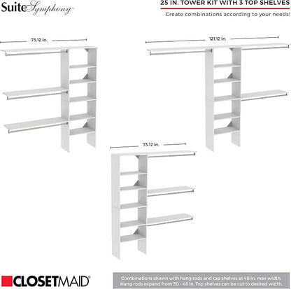 ClosetMaid SuiteSymphony Wood Closet Organizer Kit with Tower, 3 Hang Rods, Top Shelves, 4 Drawers, Doors, Adjustable, Fits Spaces 6 - 10 ft. Wide, Natural Grey