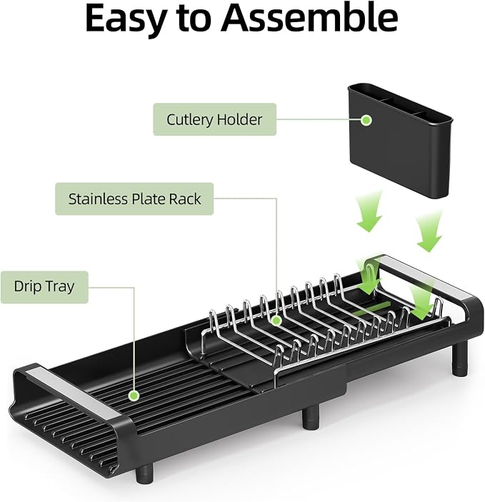 Small Dish Drying Rack, Mini Expandable Compact Dish Rack, Slim Extendable Stainless Steel Dish Drainer for Kitchen Plate Storage, Space Saving Dish Strainer in Sink or on Home Countertop, Matte Black