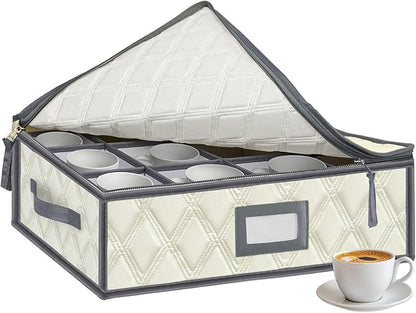 Mug and Cup Storage Box with Dividers - 1 Pack China Storage Bin Containers Holds 12 Glassware, Stackable Coffee Mug Organizer Bin and Tea Cup with 2 Metal Zipper,Label and Handles