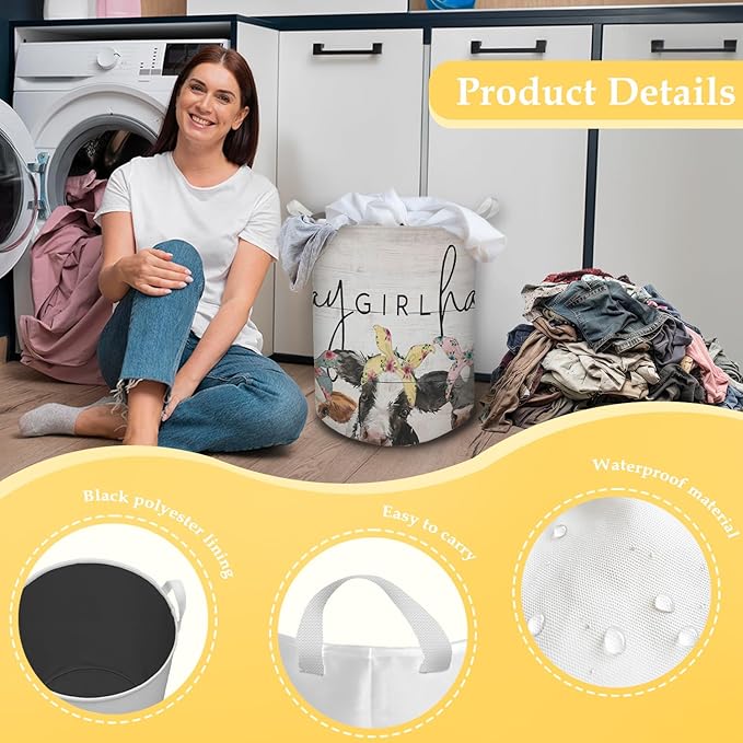 HKTZM Farmhouse Cow Laundry Basket, Hay Girl Hay Waterproof Collapsible Laundry Hamper Dirty Clothes Storage Toy Bin Organizer for Girls Kids Room Bathroom Bedroom Nursery