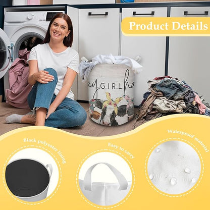 HKTZM Farmhouse Cow Laundry Basket, Hay Girl Hay Waterproof Collapsible Laundry Hamper Dirty Clothes Storage Toy Bin Organizer for Girls Kids Room Bathroom Bedroom Nursery