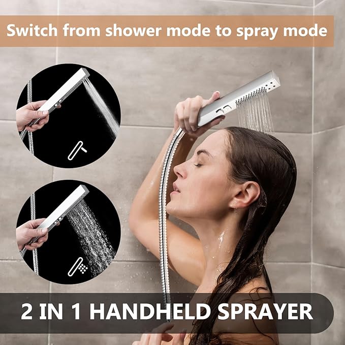 Shower Faucet Set Rainfall Shower System with Square Showerhead and Handle Set Fixture with 2 in 1 Function Handheld Sprayer Wall Mounted Trim Repair Kit Rough-in Valve 8 Inch Polish Chrome