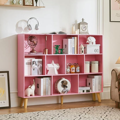LEYAOYAO 10 Cube Bookshelf, 3 Tier Vintage 55" Wide Bookcase with Legs, Mid-Century Wood Bookshelves Storage, Light Pink Large Book Case, Freestanding Organizer Display Shelf for Living Room, Office