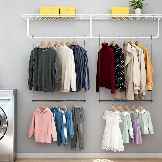 Closet Lower Hanging Bar, Adjustable Width and Height Closet Hanging Organizer Heavy Duty Closet Extender Hanging Rod Space-Saving Clothes Hanging Bar,2 Pack Black
