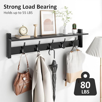 Coat Rack Wall Mount with Shelf, 29 Inch Coat Hanger Walls Mounted, Hat Rack for Walls, Shelf with 5 Coat Hooks, Wall Hanger for Entryway (Black)