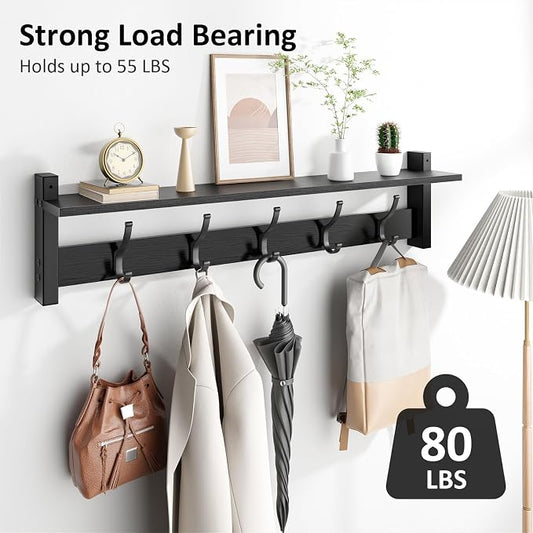 Optish Coat Rack Wall Mount with Shelf, 29 Inch Coat Hanger Walls Mounted, Hat Rack for Walls, Shelf with 5 Coat Hooks, Wall Hanger for Entryway (Black)