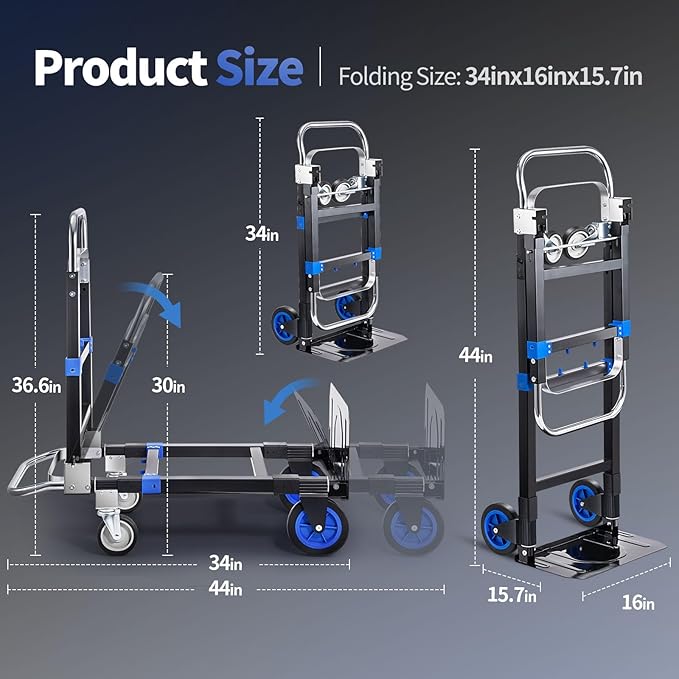 Leomru Pro 3 in 1 Aluminium Hand Truck 660lbs Capacity, Heavy Duty Convertible Hand Truck Dolly W/ 4 Rubber Wheels, Foldable Dolly Cart Collapsible Trolley for Warehouse Home Moving