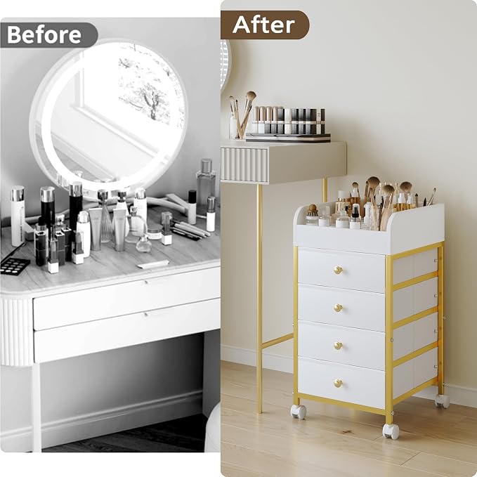 Rolling Makeup Organizer Cart - Under Desk Vanity Cart with 4 Fabric Drawers, Makeup Bathroom Storage Cart Cosmetic Display Cases for Nail Polish Brush Hair Tool