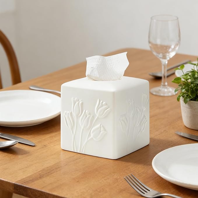 White Ceramic Tulips Tissue Box Cover - Modern Square Decorative Organizer for Facial Tissues, Farmhouse Style Home Decor for Bathroom, Bedroom, Living Room & Office