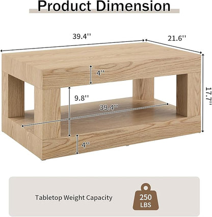 LKTART 39.37" Coffee Table with Storage, 2-Tier Mid Century Rectangular Accent Table with Thick Tabletop, Rustic Style Cocktail, Center Table for Living Room, Office, Apartment (Natural)
