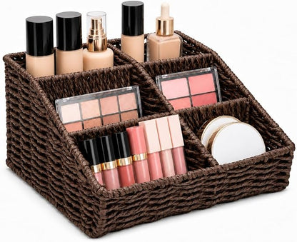 Makeup Organizer, Hand-woven Wicker Basket for Dresser Vanity and Bathroom Countertop, 6 Compartment Skincare Organizer Cosmetic Display Case, Beauty Holder for Lipstick Brush Eyeshadow - Brown