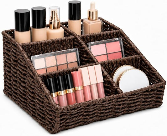 Makeup Organizer, Hand-woven Wicker Basket for Dresser Vanity and Bathroom Countertop, 6 Compartment Skincare Organizer Cosmetic Display Case, Beauty Holder for Lipstick Brush Eyeshadow - Brown