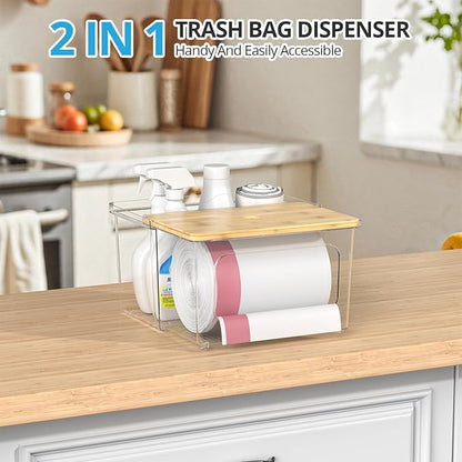 Trash Bag Dispenser Roll Holder - Clear Garbage Bag Holder Dispenser with Bamboo Lid and Sliding Drawer Box, Trash Bag Holder for Kitchen, Under Sink, Laundry Room Organization and Storage