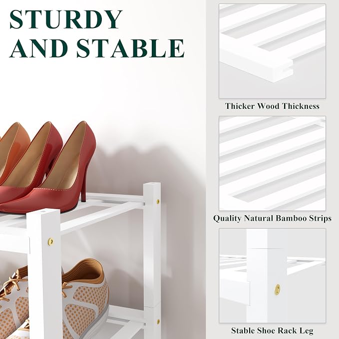 Smiry Small Bamboo Shoe Rack, 5 Tier Free Standing Wooden Shoe Organizer, Stackable Wood Shoe Storage Shelf for Closet, Entryway, 12 Vertical Slats, 2+2+1 Stack Standard Legs, 17.3"x11"x32.5", White