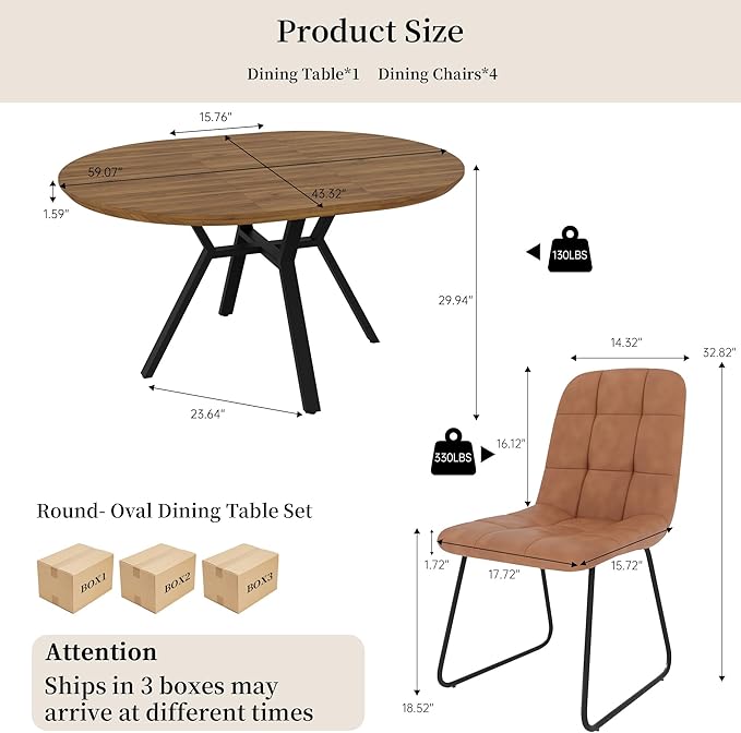 Extendable Round Dining Table Set for 4 People, 43.3"-59.1" Extendable Kitchen Table with 4 Upholstered Chairs, Space Saving for Kitchen Dining Room (Walunt Table+4 U-Shaped Brown Chairs)