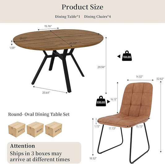 Extendable Round Dining Table Set for 4 People, 43.3"-59.1" Extendable Kitchen Table with 4 Upholstered Chairs, Space Saving for Kitchen Dining Room (Walunt Table+4 U-Shaped Brown Chairs)