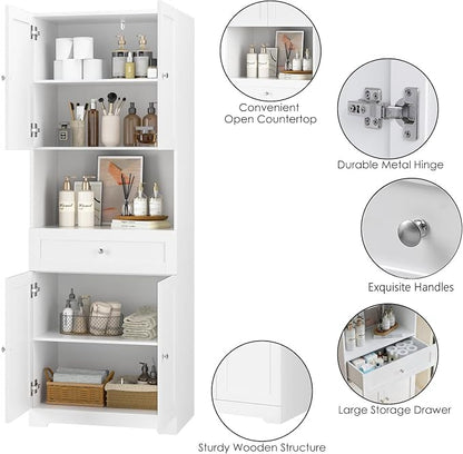 Tall Bathroom Storage Cabinets with Drawer, Modern Linen Cabinet with Doors & Shelves, 67"H Tall Storage Cabinet Freestanding for Bathroom, Dining Room, Kitchen & Pantry, Laundry, Narrow Corner, White