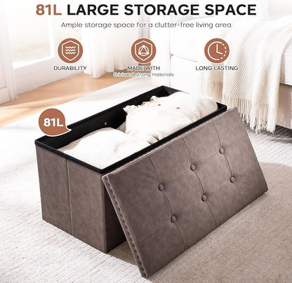 30 Inches Storage Ottoman Bench, Foldable Foot Rest with Rivet Design, 15 x 30 x 15 Inches, End of Bed Bench Footstool, Storage Chest, Load up to 330 lb, for Living Room, Bedroom, Entryway, Oak Brown