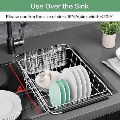 Fanbsy Large Dish Drainer Rack in Sink Adjustable, Expandable 304 Stainless Steel Metal Dish Drying Rack Organizer with Stainless Steel Utensil Holder Over Inside Sink Counter, Rustproof