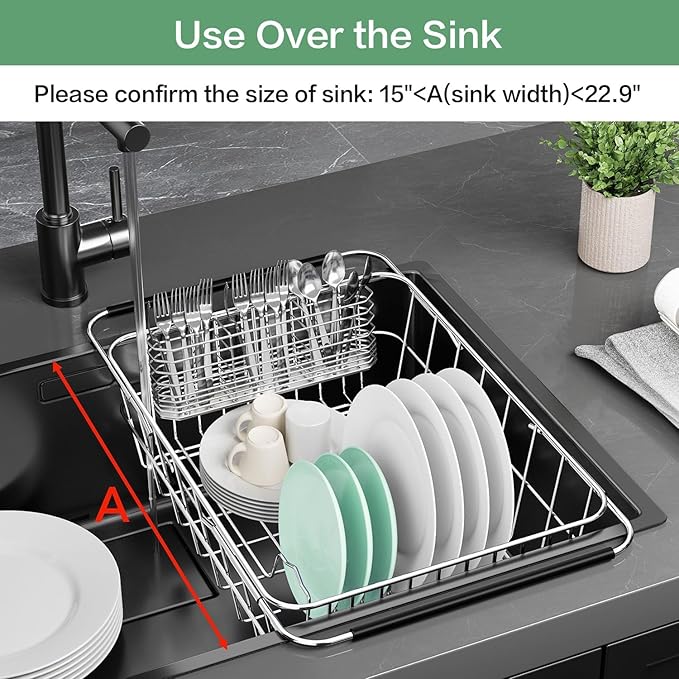 Large Sink Dish Drying Rack, Expandable 304 Stainless Steel Metal Dish Drainer Rack Organizer Shelves with Stainless Steel Utensil Holder Over Inside Sink, Rustproof