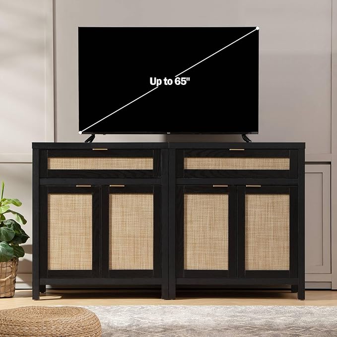 SICOTAS Sideboard Buffet Storage Cabinet Set of 2, Rattan Credenza Buffet Table, Modern Console Accent Cabinet with Doors and Drawer, Coffee Bar Cabinets for Kitchen Entryway Living Room, Black